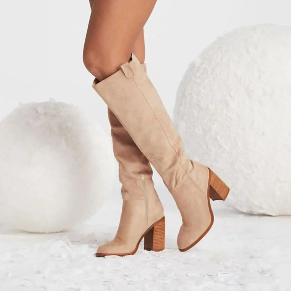 Women's 1 Apricot Suede Knee-high Boots Fall Boot Chunky Block High Heel